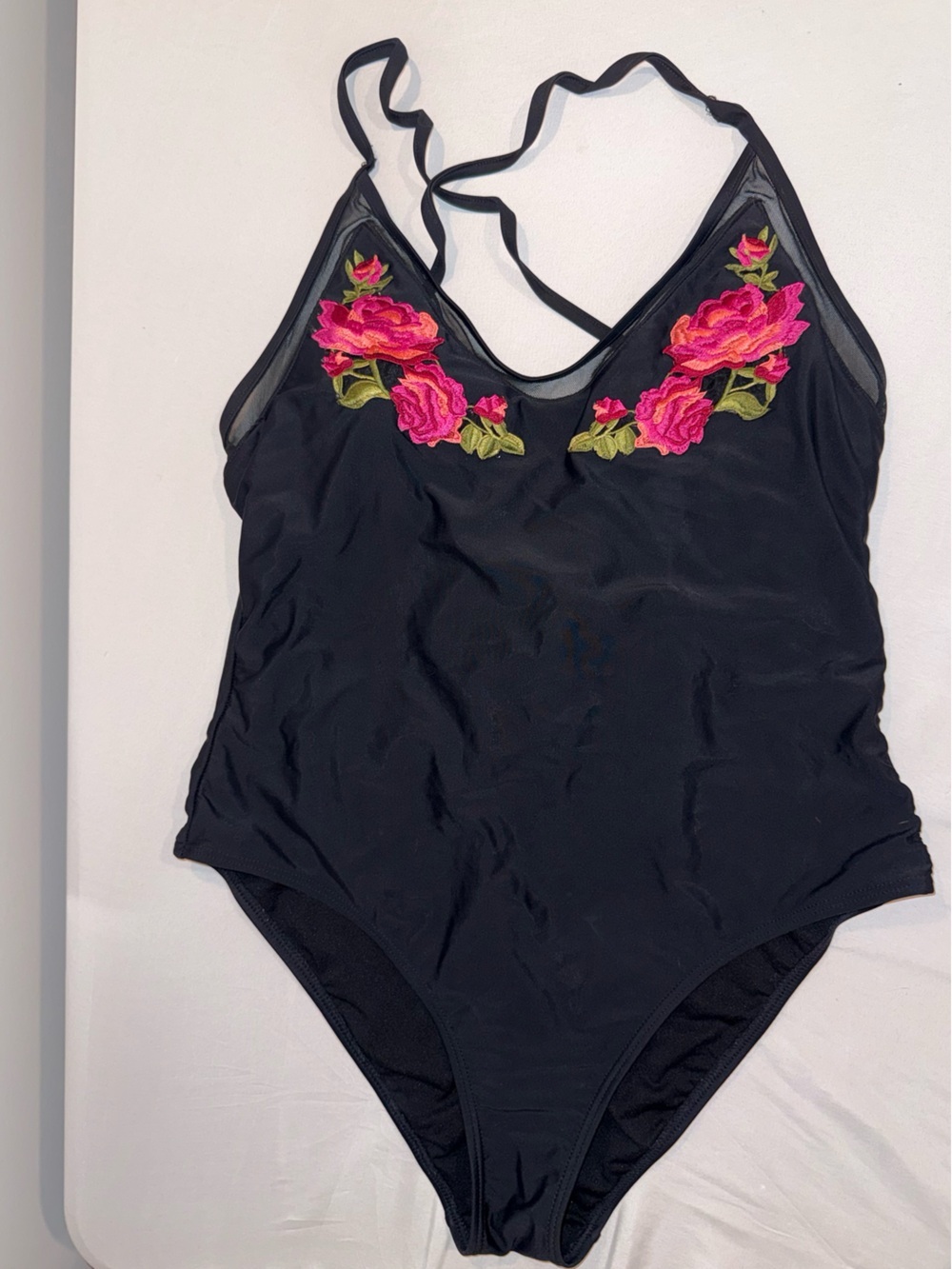 Xhilaration Women Floral Mesh Black Spaghetti Strap One Piece Swim Suit XL